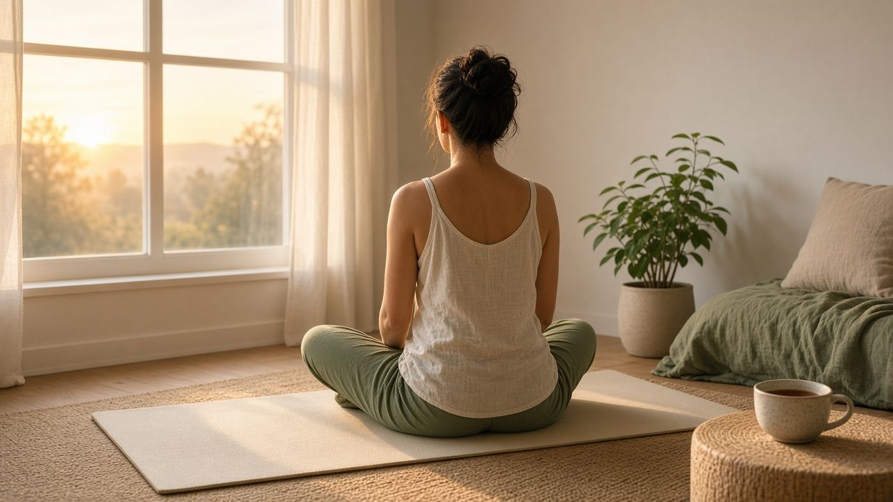 A woman meditating on a mat beside a sunrise window
