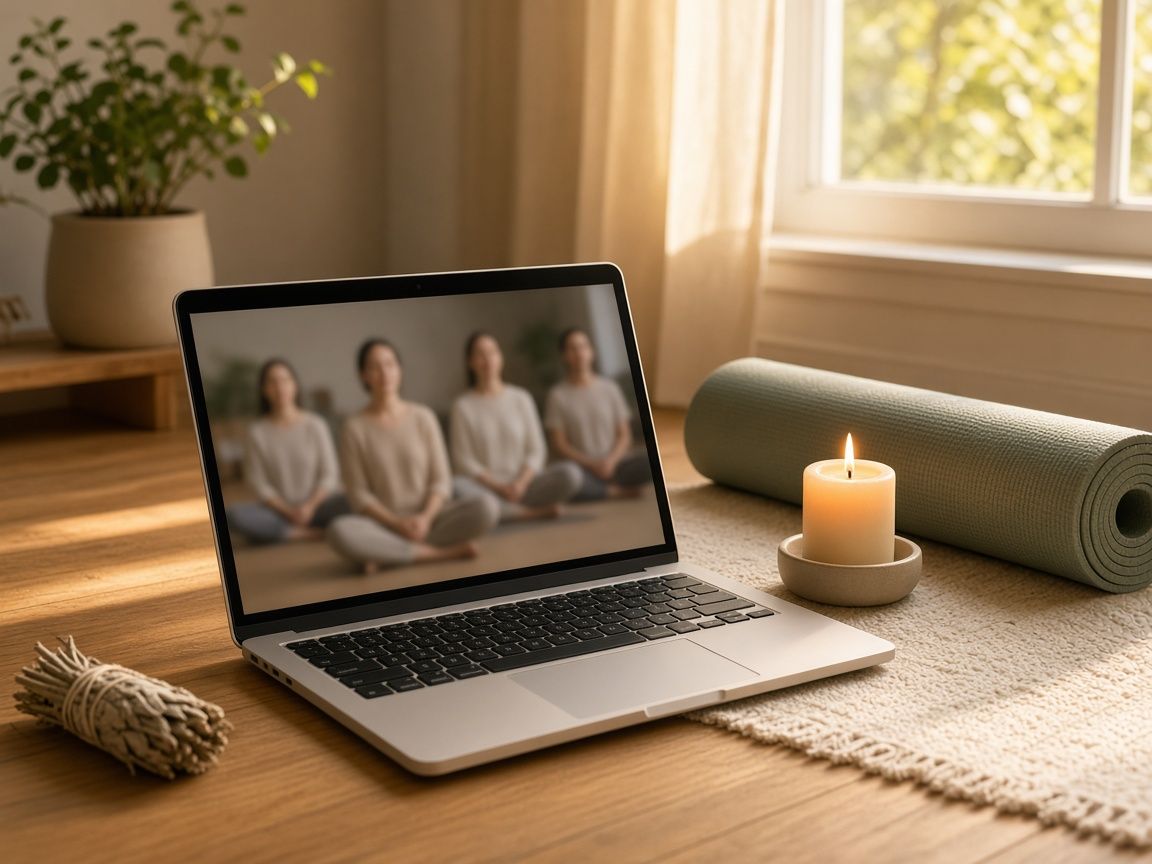 A laptop showing an online meditation class, beside a yoga mat and a candle